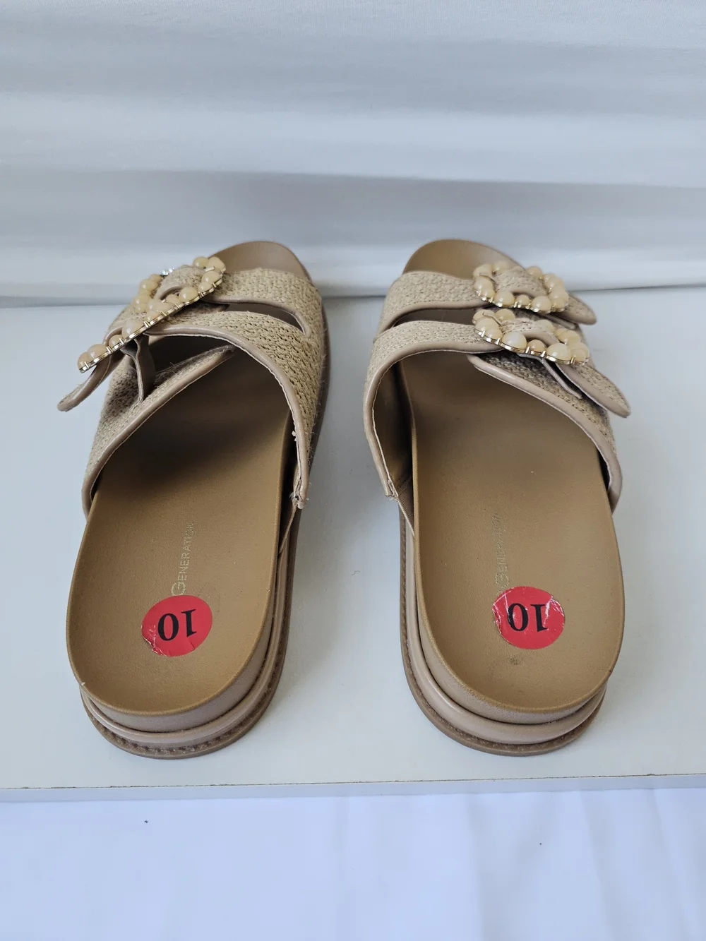 BCBGeneration Beau Raffia Beaded Buckle Slide Sandals - Size 10